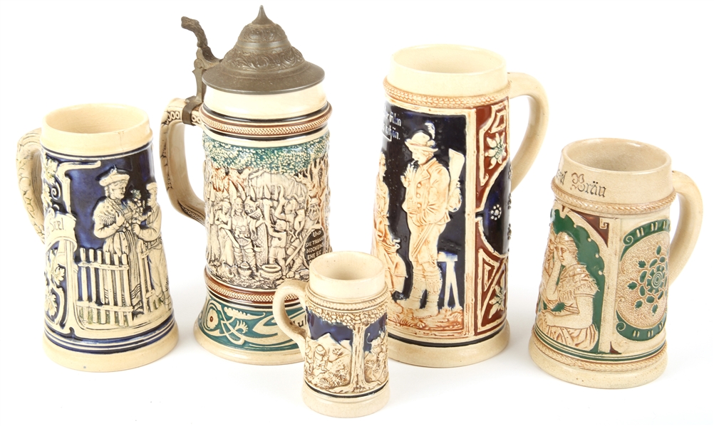 GERMAN CERAMIC STEINS - LOT OF 5