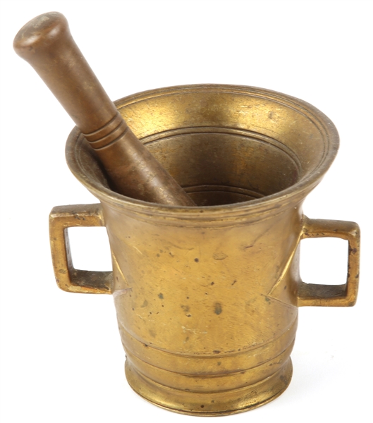 BRASS MORTAR AND PESTLE WITH HANDLES