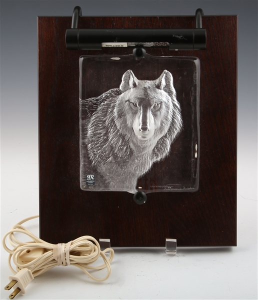 MATS JONASSON CRYSTAL WOLF SCULPTURE MOUNTED ON WOOD
