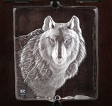 MATS JONASSON CRYSTAL WOLF SCULPTURE MOUNTED ON WOOD