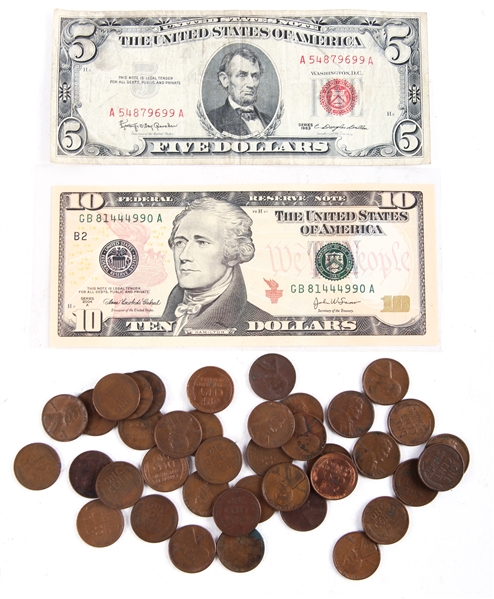 US CURRENCY & COIN - RED SEAL, WHEAT CENTS