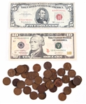 US CURRENCY & COIN - RED SEAL, WHEAT CENTS