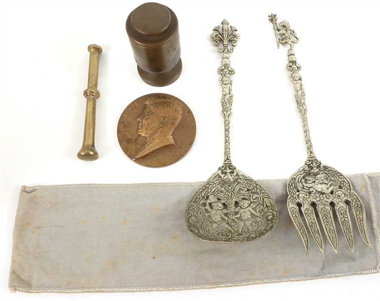 METAL SERVINGWARE, PESTLE, WEIGHT, & SOUVENIR COIN