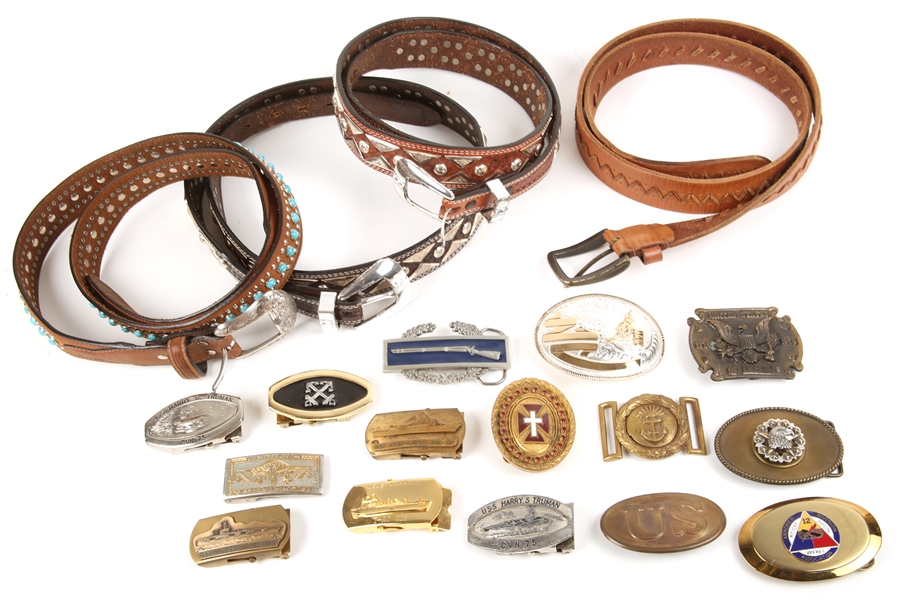 BELT BUCKLE AND BELT LOT OF 19