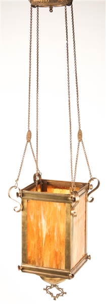 VICTORIAN GOTHIC REVIVAL SLAG GLASS HANGING OIL LAMP