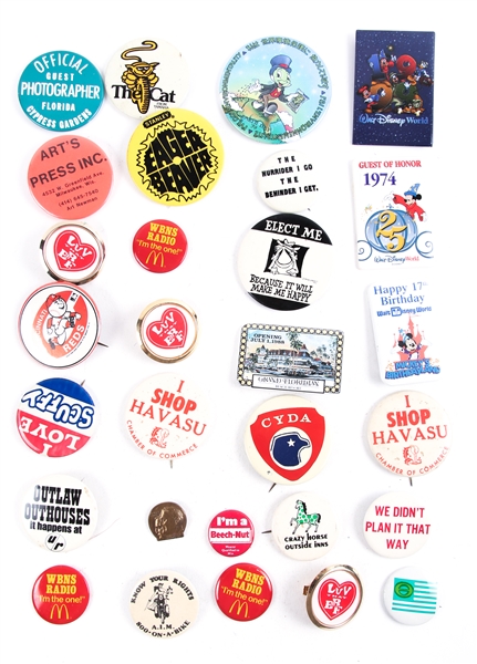 POLITICAL, ADVERTISING, & NOVELTY BUTTON LOT OF 30
