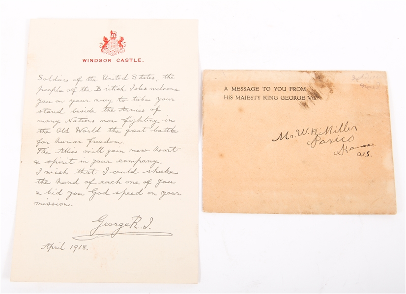 1918 KING GEORGE V LETTER WITH AMERICAN SOLDIERS NOTE