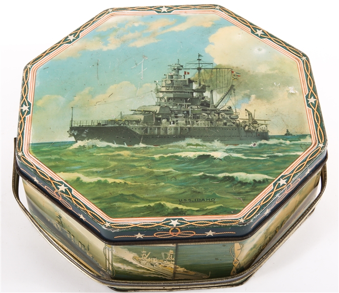 LOOSE-WILES BISCUIT CO. US NAVAL SHIP TIN WITH HANDLE