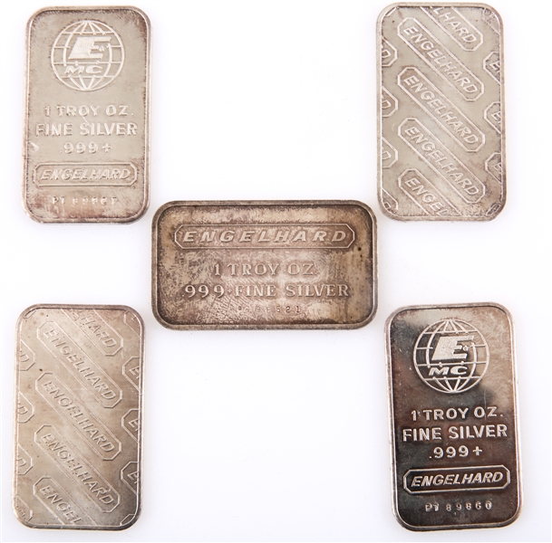 ENGELHARD .999 FINE SILVER 1 TOZ BARS - LOT OF 5