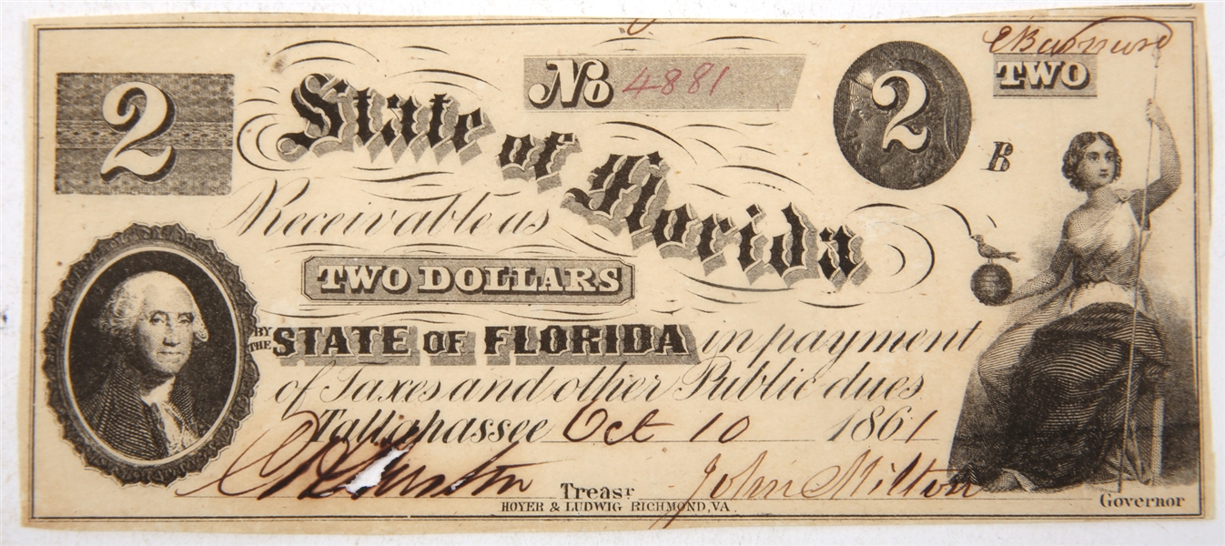 1861 $2 STATE OF FLORIDA, TALLAHASSEE OBSOLETE BANKNOTE