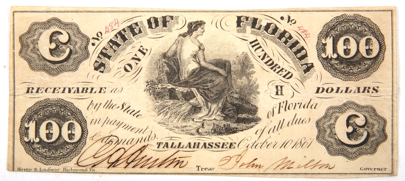 1861 $100 STATE OF FLORIDA OBSOLETE BANKNOTE