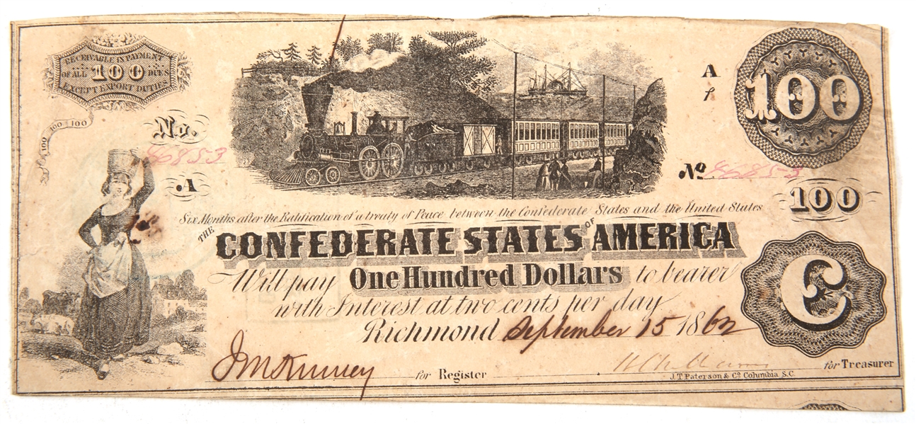 1862 $100 "TRAIN" CONFEDERATE STATES OBSOLETE BANKNOTE