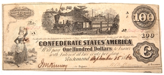 1862 $100 "TRAIN" CONFEDERATE STATES OBSOLETE BANKNOTE
