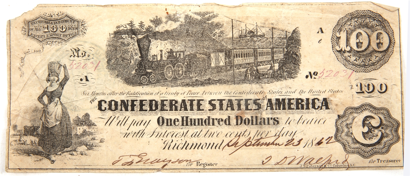1862 $100 "TRAIN" CONFEDERATE STATES OBSOLETE BANKNOTE