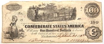 1862 $100 "TRAIN" CONFEDERATE STATES OBSOLETE BANKNOTE