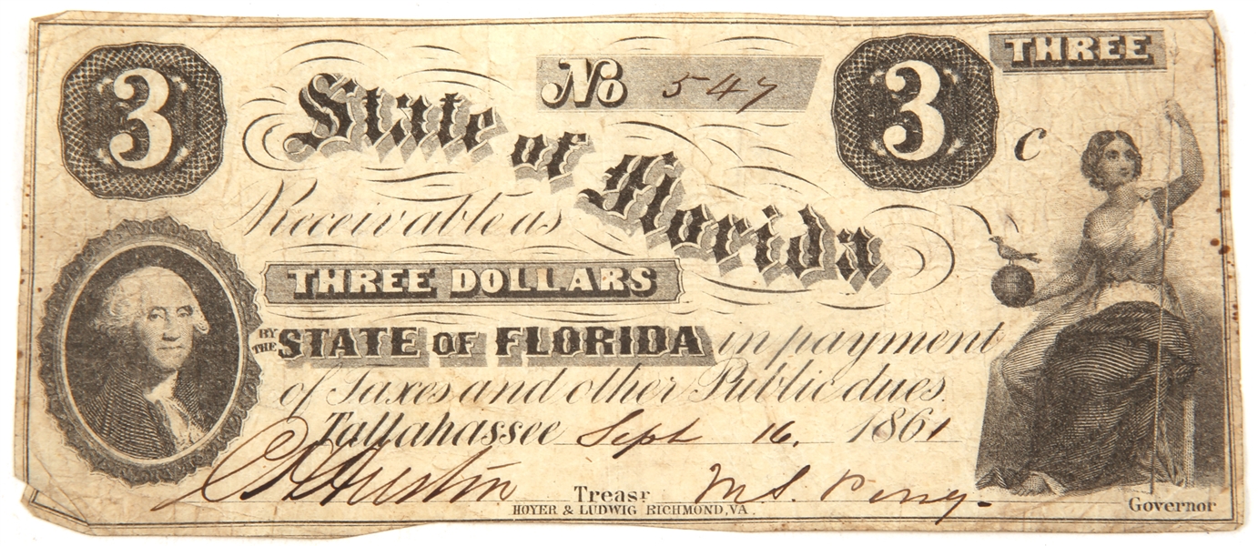 1861 $3 FLORIDA OBSOLETE BANKNOTE SIGNED BY GOV. PERRY