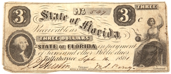1861 $3 FLORIDA OBSOLETE BANKNOTE SIGNED BY GOV. PERRY