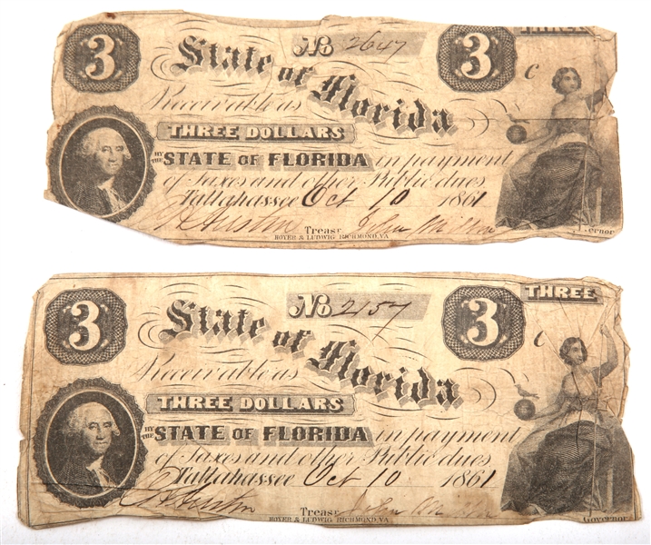 OCTOBER 1861 $3 STATE OF FLORIDA OBSOLETE BANK NOTES