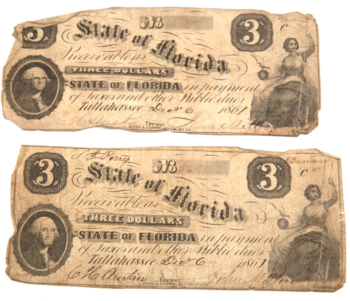 DECEMBER 1861 $3 STATE OF FLORIDA OBSOLETE BANKNOTES