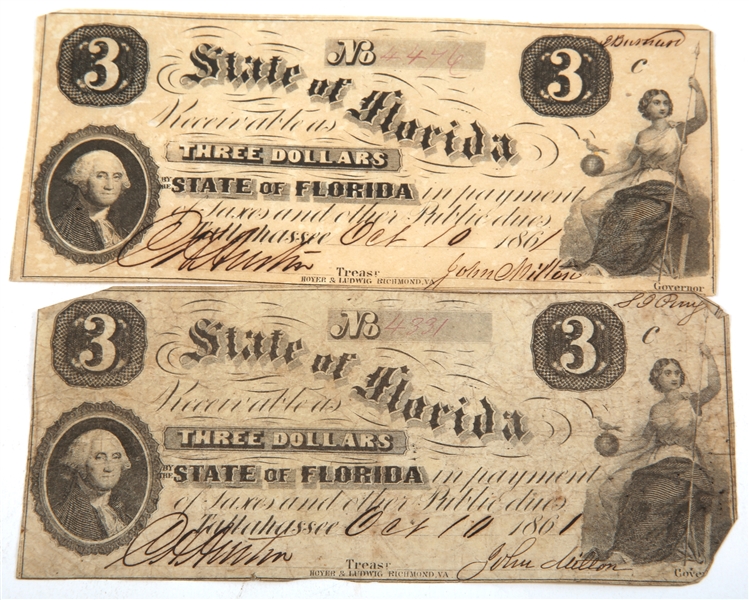 OCTOBER 1861 $3 STATE OF FLORIDA OBSOLETE BANKNOTES
