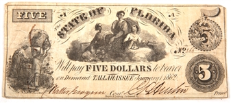 1862 $5 STATE OF FLORIDA, TALLAHASSEE OBSOLETE BANKNOTE