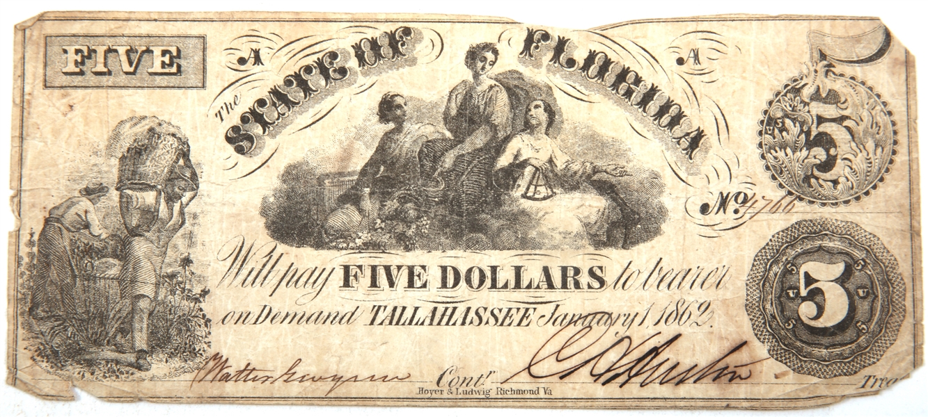 1862 $5 STATE OF FLORIDA, TALLAHASSEE OBSOLETE BANKNOTE
