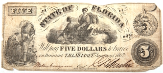 1862 $5 STATE OF FLORIDA, TALLAHASSEE OBSOLETE BANKNOTE