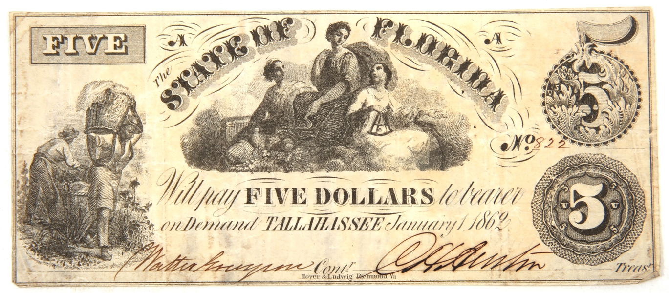 1862 $5 STATE OF FLORIDA, TALLAHASSEE OBSOLETE BANKNOTE