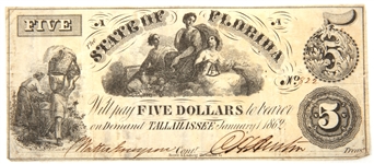 1862 $5 STATE OF FLORIDA, TALLAHASSEE OBSOLETE BANKNOTE
