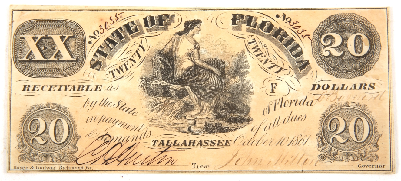 1861 $20 STATE OF FLORIDA OBSOLETE BANKNOTE