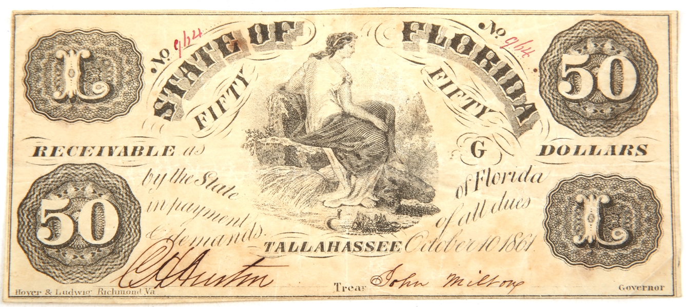 1861 $50 STATE OF FLORIDA OBSOLETE BANKNOTE