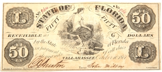 1861 $50 STATE OF FLORIDA OBSOLETE BANKNOTE