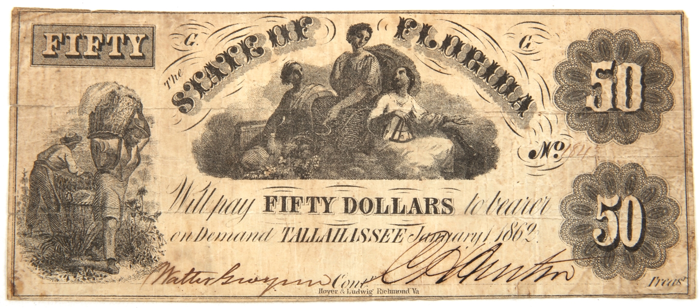 1862 $50 STATE OF FLORIDA OBSOLETE BANKNOTE