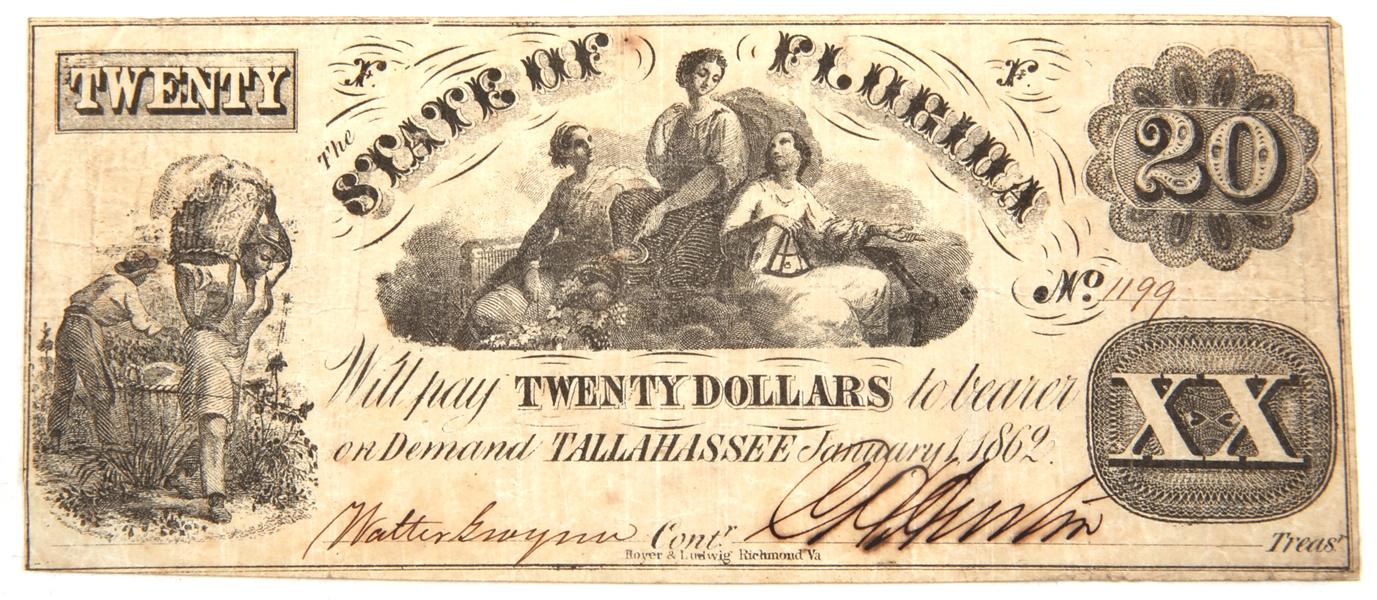 1862 $20 STATE OF FLORIDA OBSOLETE BANKNOTE