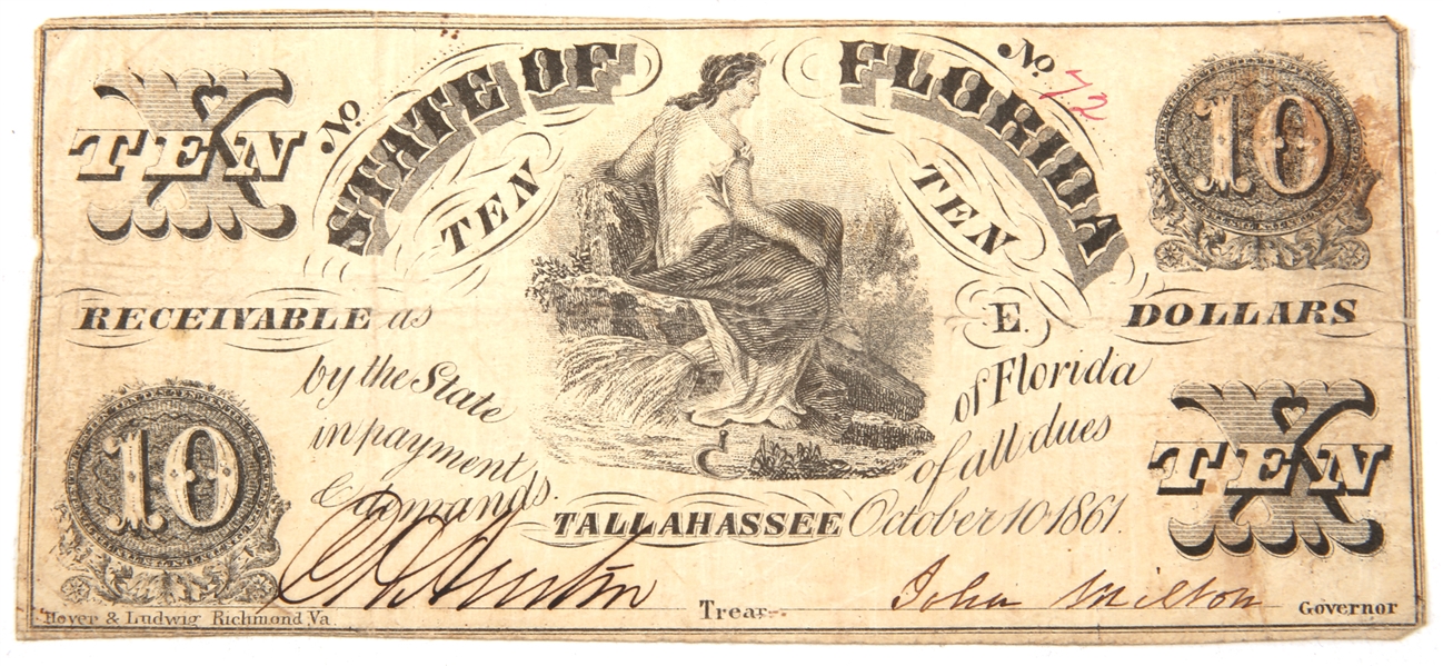 1861 $10 LOW SERIAL STATE OF FLORIDA OBSOLETE BANKNOTE