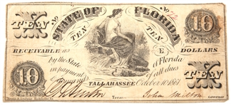 1861 $10 LOW SERIAL STATE OF FLORIDA OBSOLETE BANKNOTE
