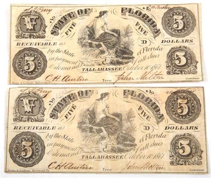 1861 $5 STATE OF FLORIDA OBSOLETE BANKNOTES - LOT OF 2