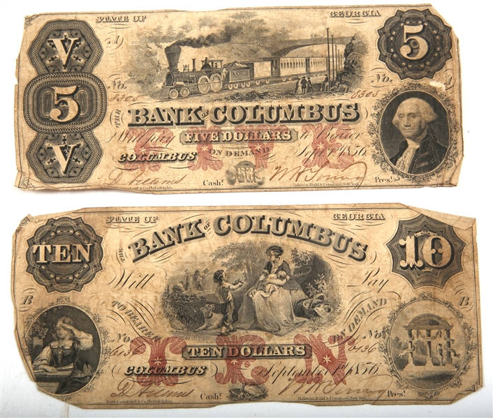 1856 $5, $10 BANK OF COLUMBUS, GA OBSOLETE BANK NOTES
