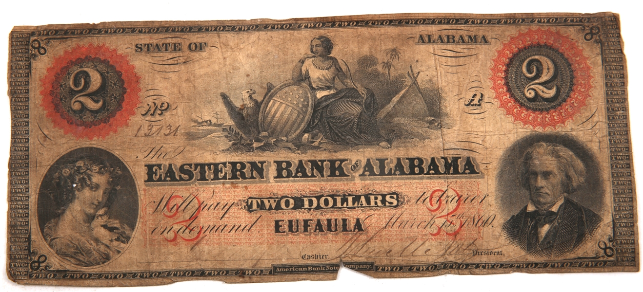1860 $2 EASTERN BANK OF ALABAMA OBSOLETE BANKNOTE