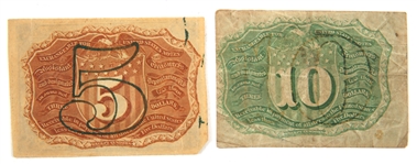 SECOND ISSUE 1863 5 & 10 CENT FRACTIONAL CURRENCY NOTES