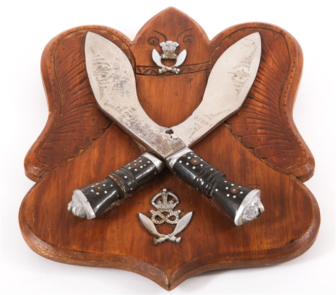 MOUNTED DISPLAY OF TWO INDIA KUKRI KNIVES