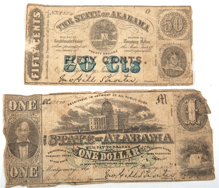1863 $1 & 50 CENT STATE OF ALABAMA OBSOLETE BANKNOTES
