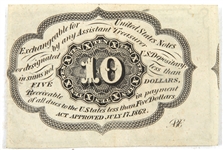 1862 FIRST ISSUE US 10 CENT POSTAGE CURRENCY