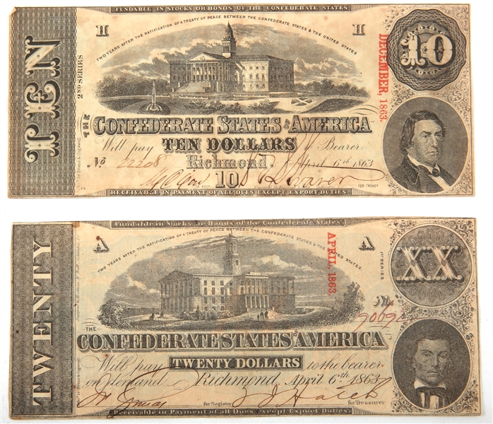 1863 $10 & $20 CONFEDERATE STATES OF AMERICA NOTES
