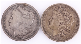 1892 P & O MORGAN SILVER DOLLARS - LOT OF 2