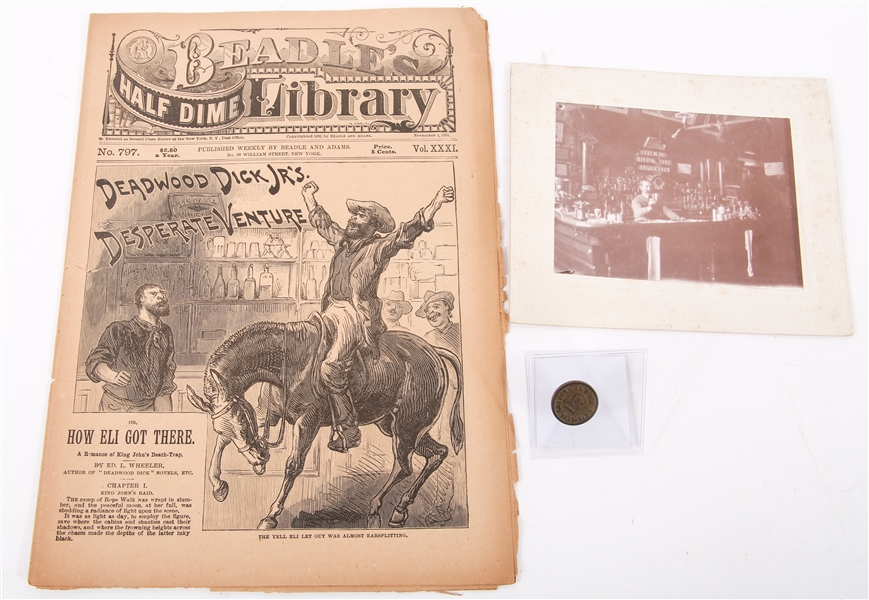 OLD WEST SALOON CABINET CARD, TOKEN, AND MAGAZINE