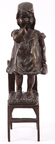 BRONZE CHILD STANDING ON CHAIR SCULPTURE AFTER CLARA