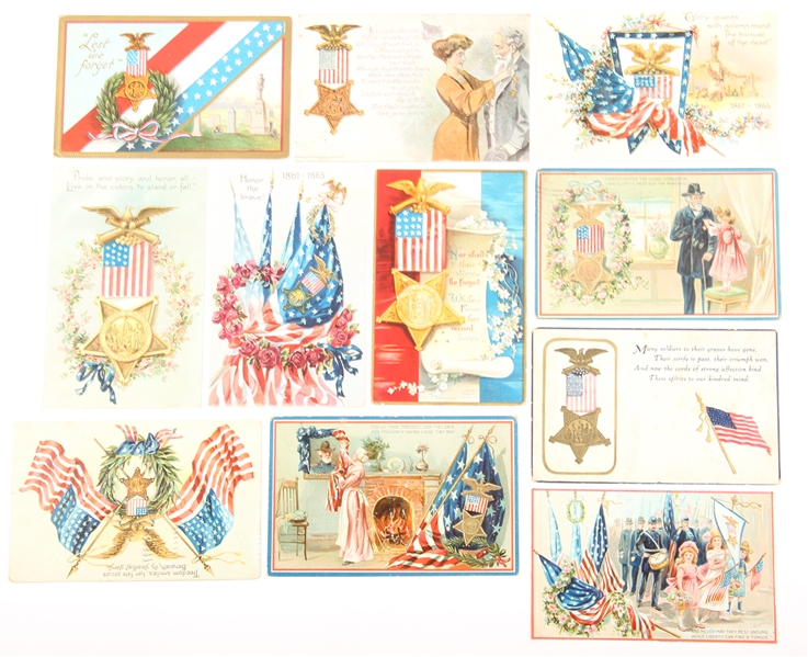 EMBOSSED GAR AND PATRIOTIC POSTCARDS - LOT OF 11