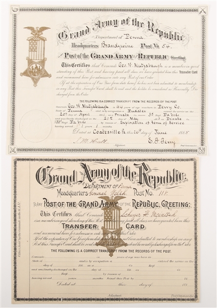 LATE 19TH C. GAR DEPT. OF PA TRANSFER CARDS - LOT OF 2