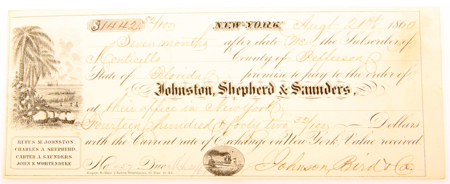 1860 JOHNSTON, SHEPHERD & SAUNDERS PROMISSORY NOTE